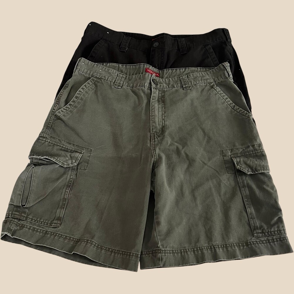 2 Pair Lot Merona Mens Cargo Shorts Size 38 Black Olive Green 100% Cotton Casual